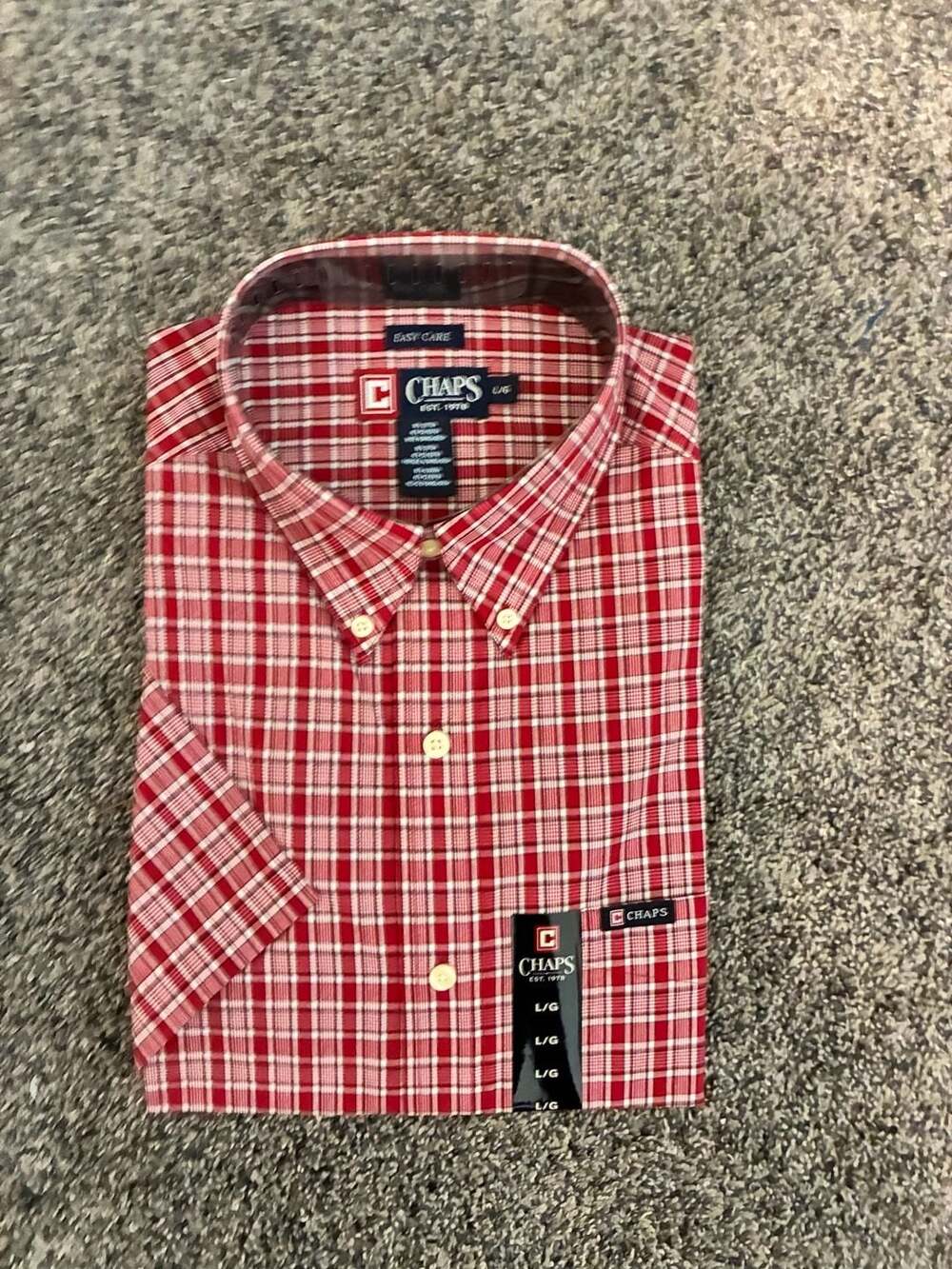 Chaps Men's Red and White Plaid Short Sleeve Button Down Shirt Size L
